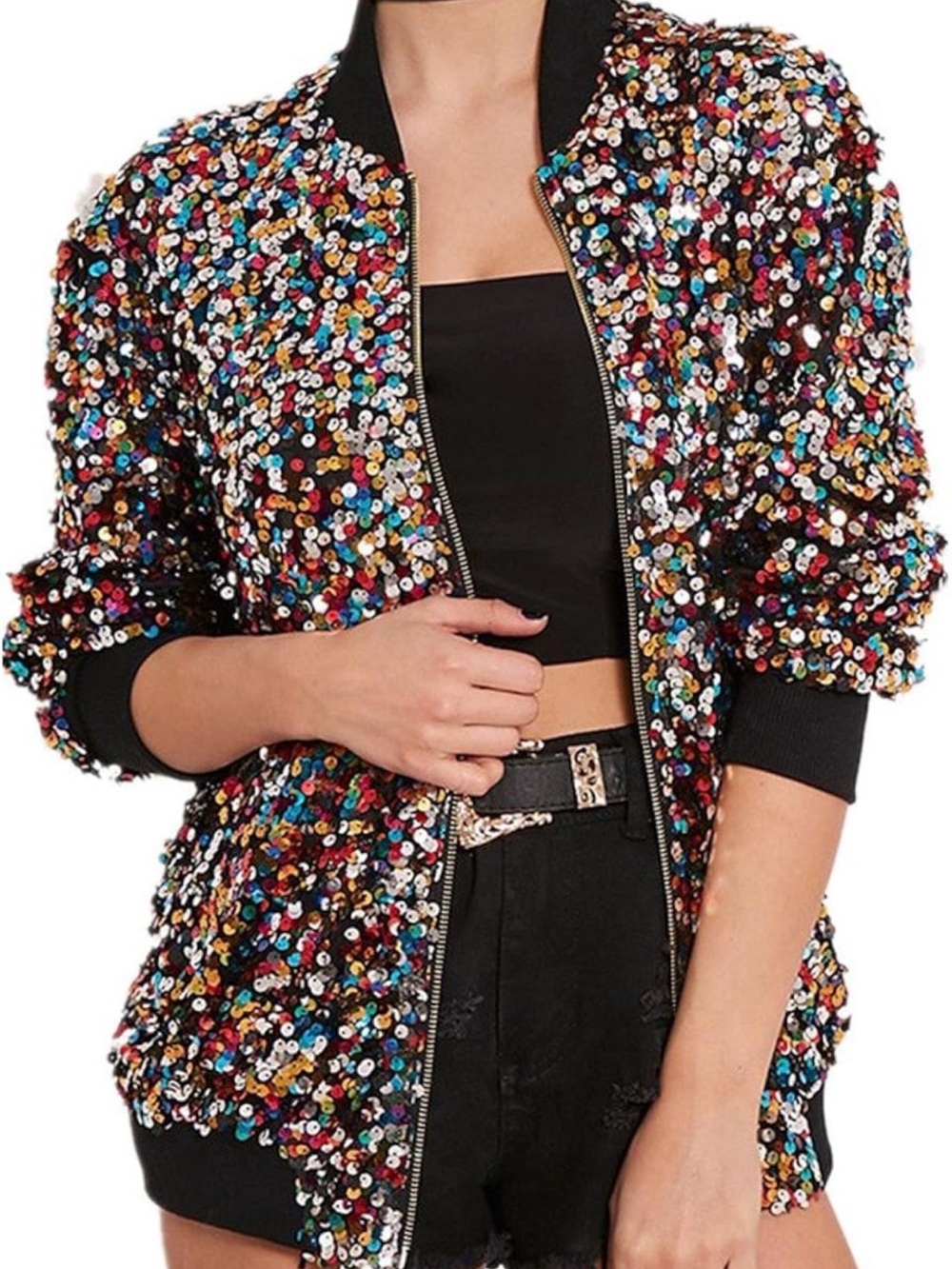 Multicolor Sequin Bomber Jacket - Women's Glam Statement Coat (XL)